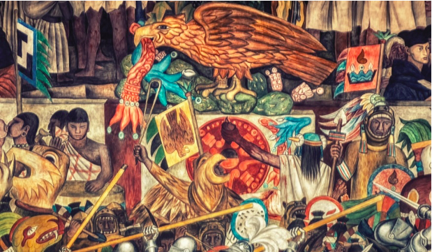 Diego Rivera. La epopeya del pueblo mexicano fragmento del plano La Conquista. 1929 1935. Colección Palacio Nacional México.