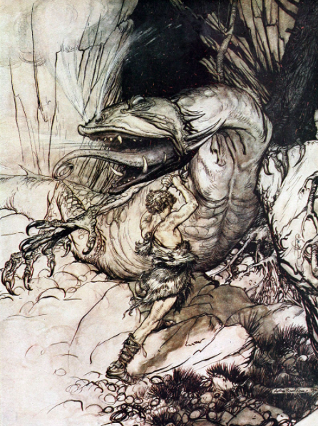 Sigurd mata a Fafnir. Ilustración de Arthur Rackham 1911