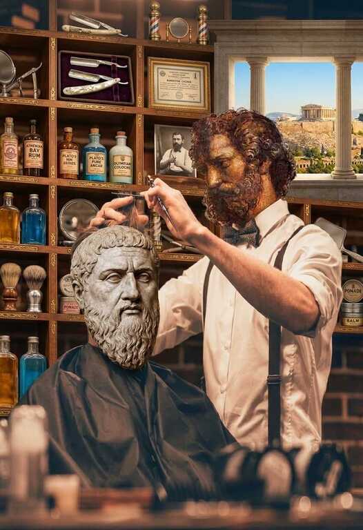 Plaza de Lárnaca,<br/> por Fernando Carmino Marques 1 Aristoteles cortandole el pelo a Platon Atril press