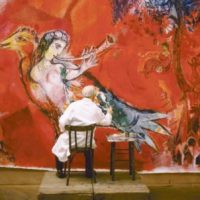 Marc Chagall trabajando en el fresco "El triunfo de la música" para Lincoln Center, de Nueva York,1966